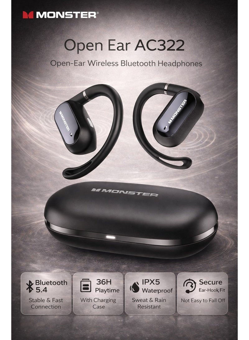 Monster Open Ear AC322 Wireless Earbuds, Bluetooth 5.4, Open-Ear Ear-Hook Design, 36H Playtime, IPX5 Waterproof, Secure Fit Sports Headphones with Clear Calls - Image 1